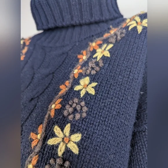 Women's cable knit wool turtle neck embroidered flowers Point Zero 90s M - Picture 6 of 12